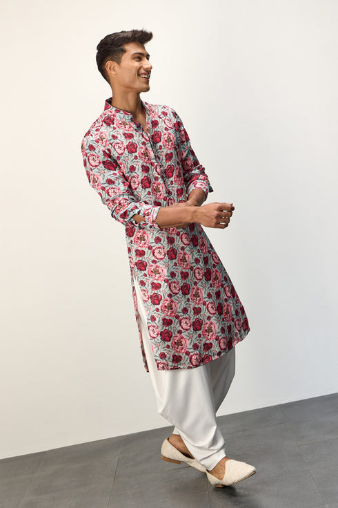 Turquoise Peonies Kurta Set